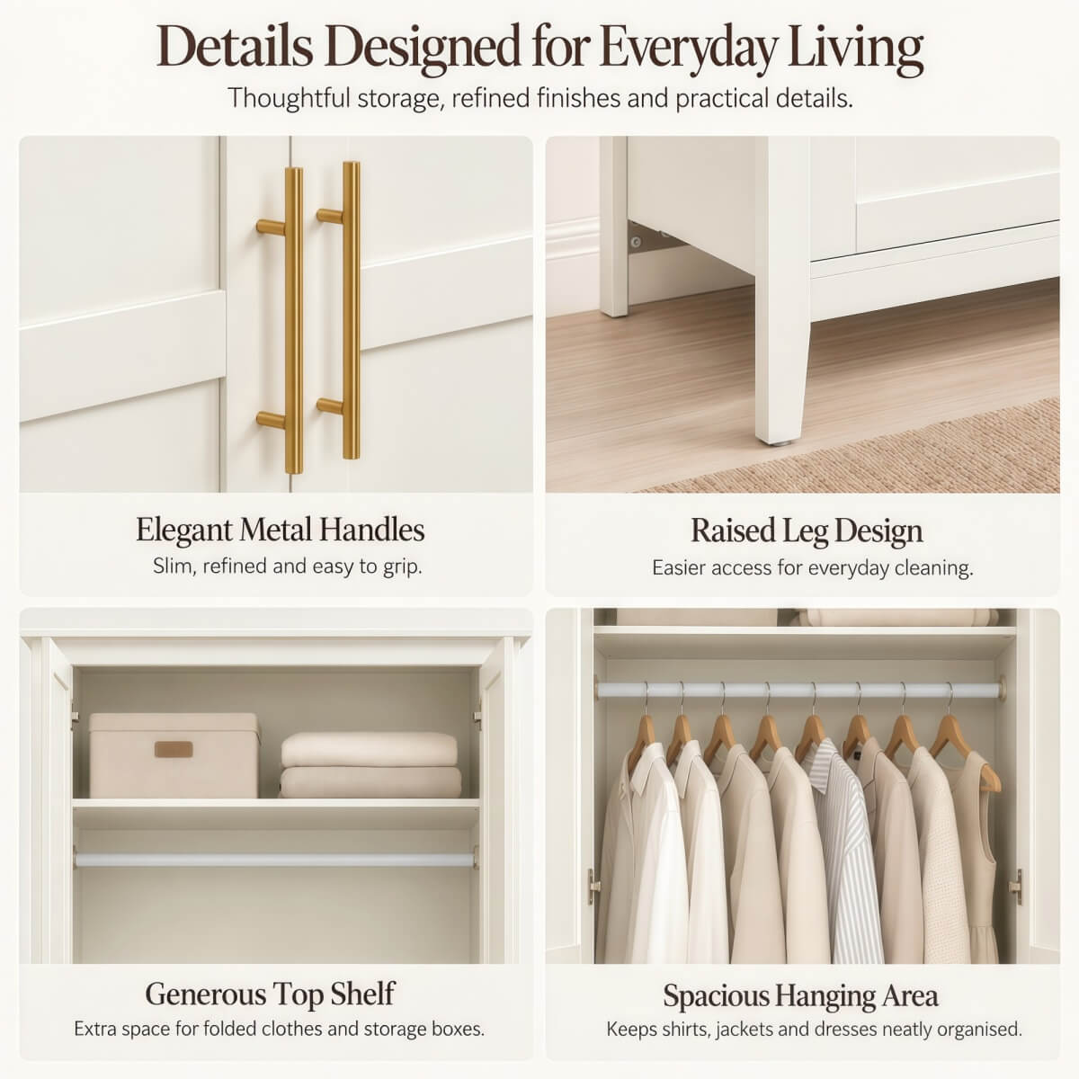 2-Door Freestanding Wardrobe - Hanging Rail, Storage Shelf, Gold Handles and Raised Legs, Cream White