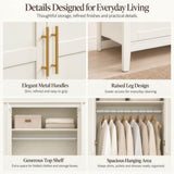 2-Door Freestanding Wardrobe - Hanging Rail, Storage Shelf, Gold Handles and Raised Legs, Cream White