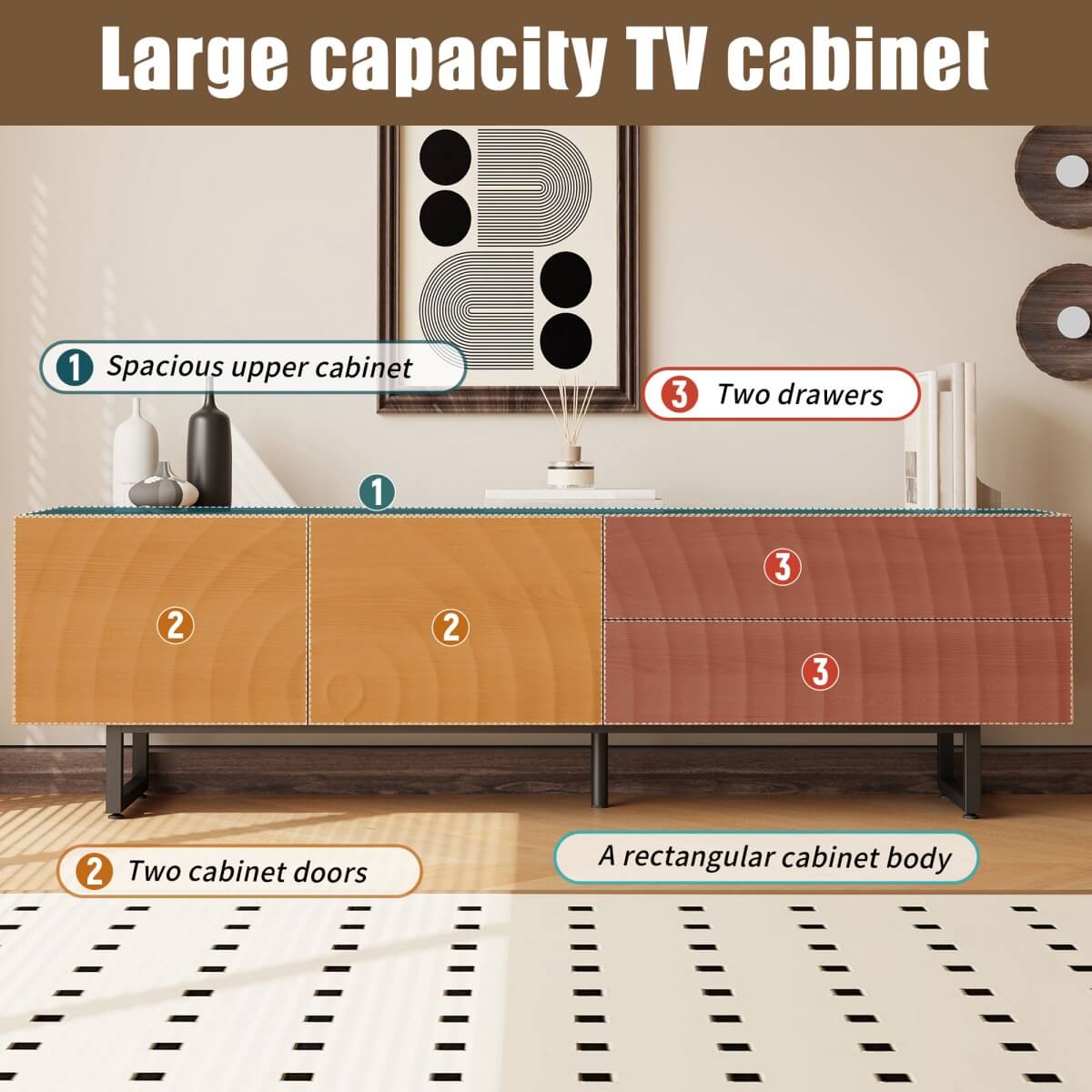 Modern TV Stand - TV Unit with 3D Textured Doors, Low TV Cabinet for Living Room