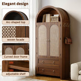 Rattan Effect Sideboard with 2 Drawers - Vintage Storage Cabinet with Arched Design for Living Room and Bedroom, Walnut