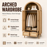 180cm Rattan Effect 2 Door Wardrobe with Arched Top - Natural Oak Storage Wardrobe with Hanging Rail, Display Shelf and 2 Drawers