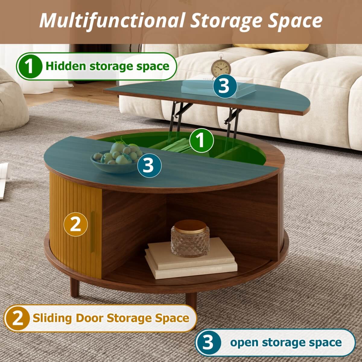 Round Lift Top Coffee Table with Vertical Slat Design - MDF Living Room Table with Hidden Storage and Sliding Door, Walnut