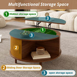 Round Lift Top Coffee Table with Vertical Slat Design - MDF Living Room Table with Hidden Storage and Sliding Door, Walnut