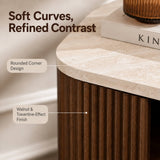 Set of 2 Modern Fluted Bedside Tables - Walnut Effect with Travertine Effect Tops, Drawer and Open Shelf