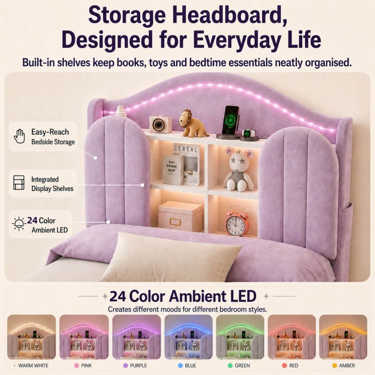 3ft Single Kids Upholstered Bed - House-Inspired LED Storage Headboard, Charging Station and 2 Reversible Drawers, Purple