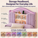 3ft Single Kids Upholstered Bed - House-Inspired LED Storage Headboard, Charging Station and 2 Reversible Drawers, Purple