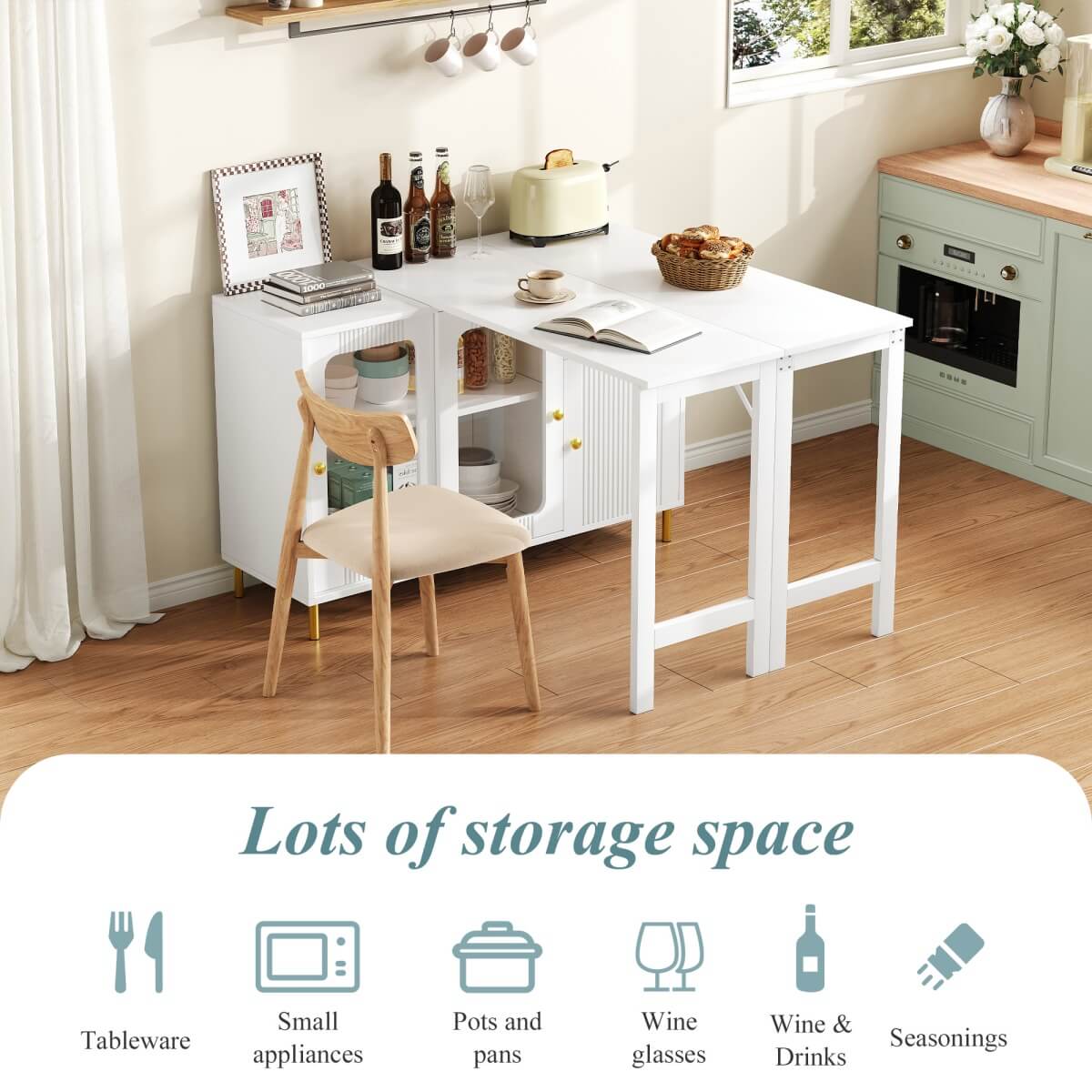 Multifunctional Bar Table – Dining & Storage Cabinet with Rotating Extendable Top and Glass Doors