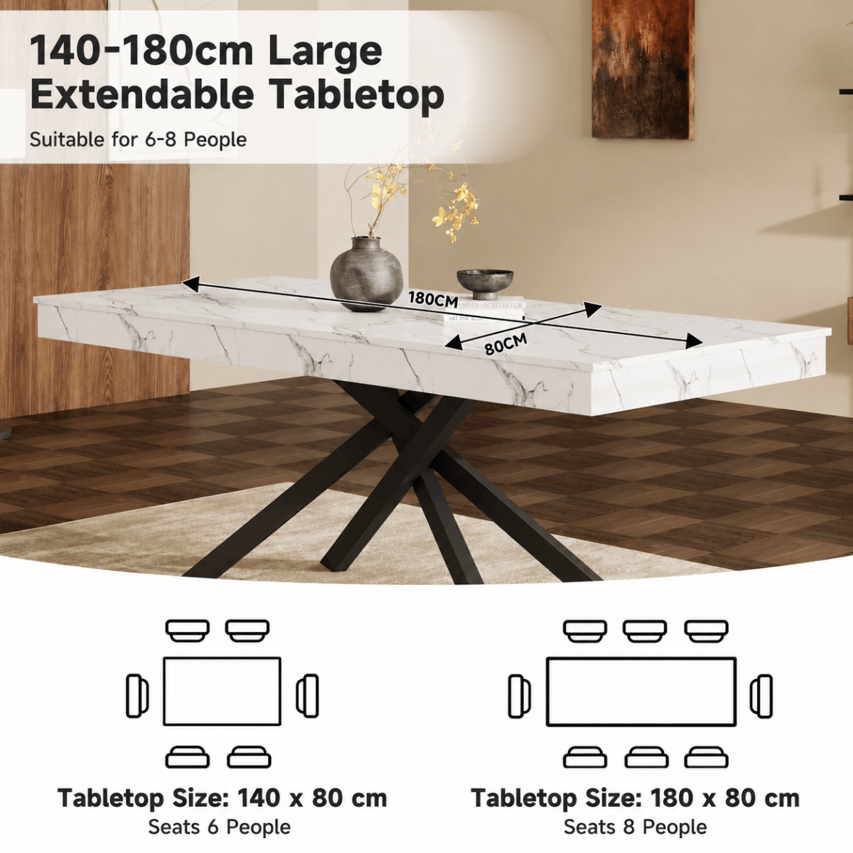 Extendable Dining Table for 6-8 - Modern Table with Marble Effect Tabletop & Metal Cross Legs, Rectangular Kitchen & Dining Room Table, White