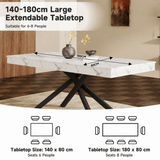 Extendable Dining Table for 6-8 - Modern Table with Marble Effect Tabletop & Metal Cross Legs, Rectangular Kitchen & Dining Room Table, White