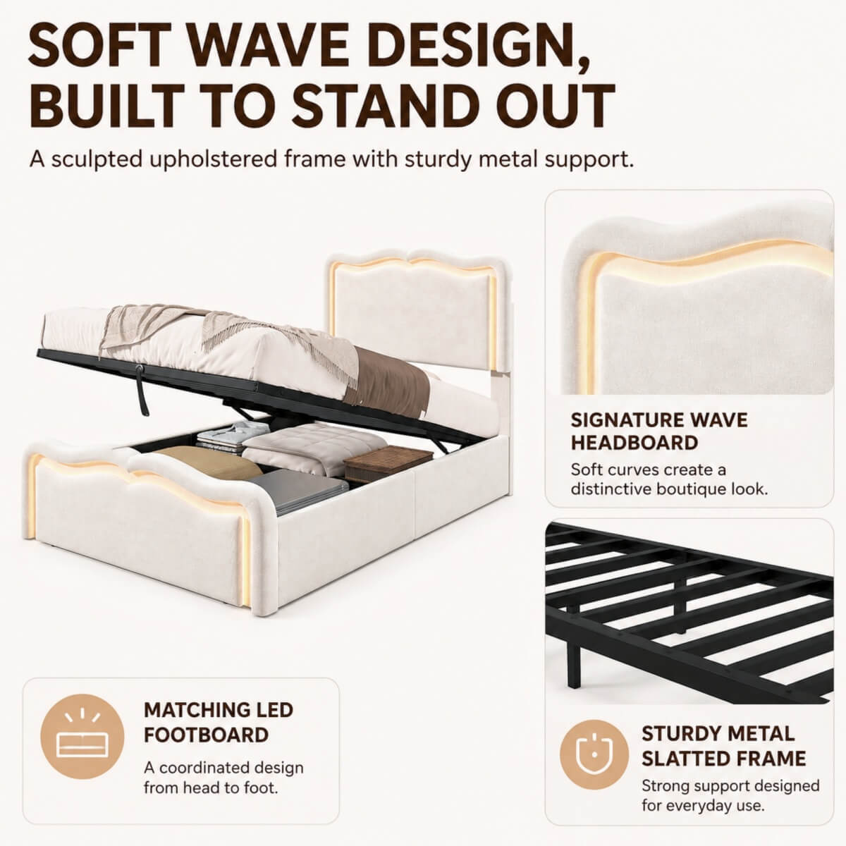 3ft Single Velvet Ottoman Storage Bed - Upholstered Hydraulic Bed with LED Lights, Wave Headboard and Metal Slatted Base, Cream White