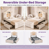 3ft Single Kids Upholstered Bed - House-Inspired LED Storage Headboard, Charging Station and 2 Reversible Drawers, Cream White