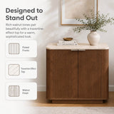 Fluted 2-Door Sideboard - Walnut Effect with Travertine Effect Top, 2-Tier Shelves, Rounded Corners and Metal Handles