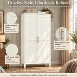 2-Door Freestanding Wardrobe - Hanging Rail, Storage Shelf, Gold Handles and Raised Legs, Cream White