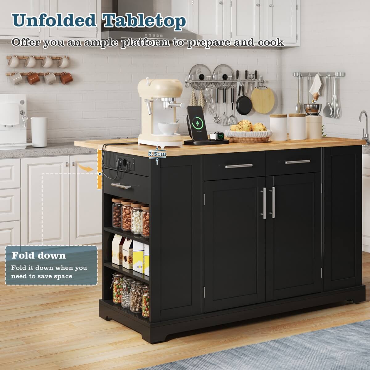138cm Kitchen Island on Wheels with Folding Worktop - Mobile Kitchen Cabinet with Pull-Out Bin & Power Outlet