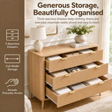 3-Drawer Chest of Drawers - Fluted Bedroom Storage Unit with Rounded Corners, Gold Handles and 4 Solid Wood Legs, Natural Oak Effect