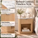 Set of 2 Modern Fluted Bedside Tables - Oak Effect with Marble Effect Tops, Drawer and Open Shelf