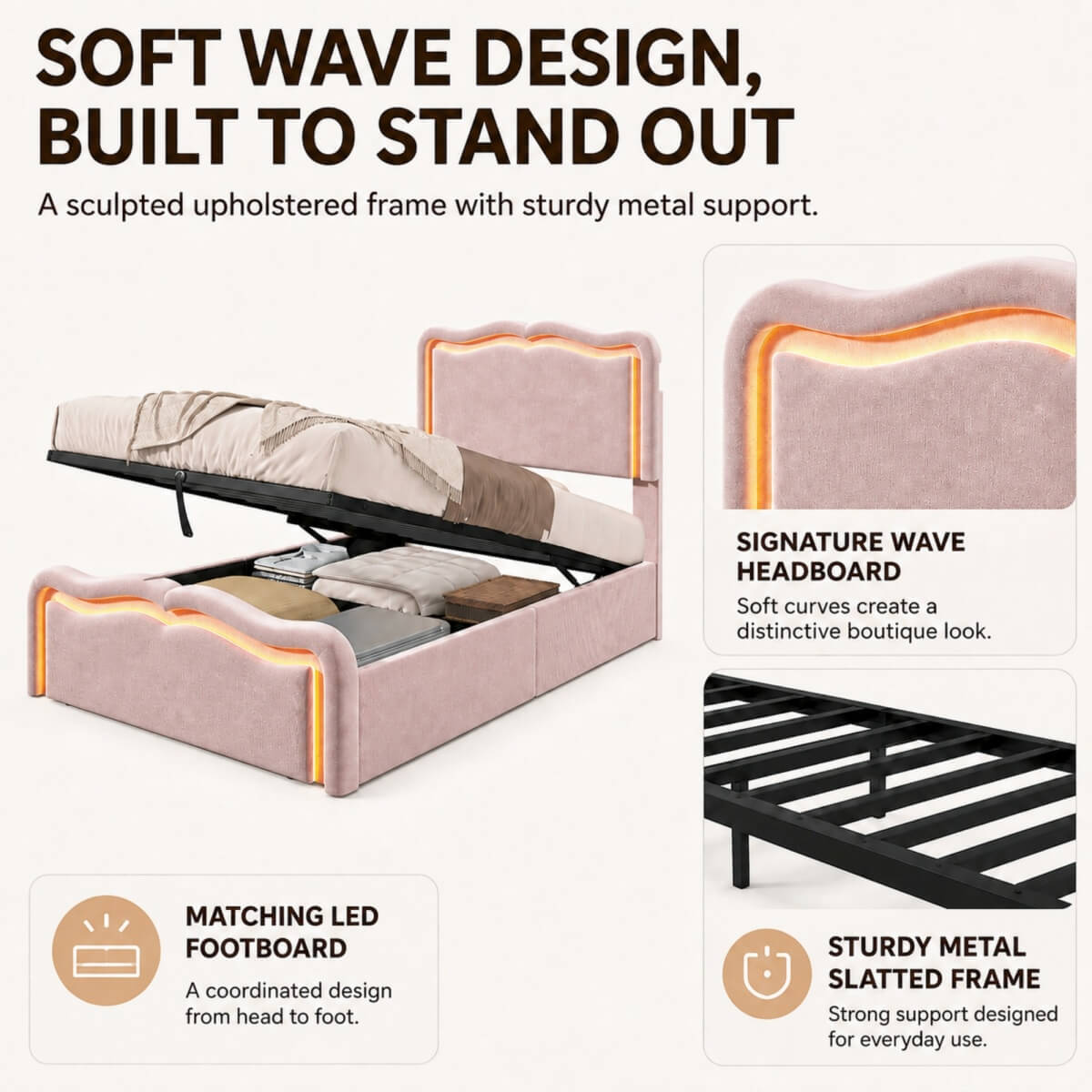 3ft Single Velvet Ottoman Storage Bed - Upholstered Hydraulic Bed with LED Lights, Wave Headboard and Metal Slatted Base, Pink