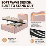 3ft Single Velvet Ottoman Storage Bed - Upholstered Hydraulic Bed with LED Lights, Wave Headboard and Metal Slatted Base, Pink