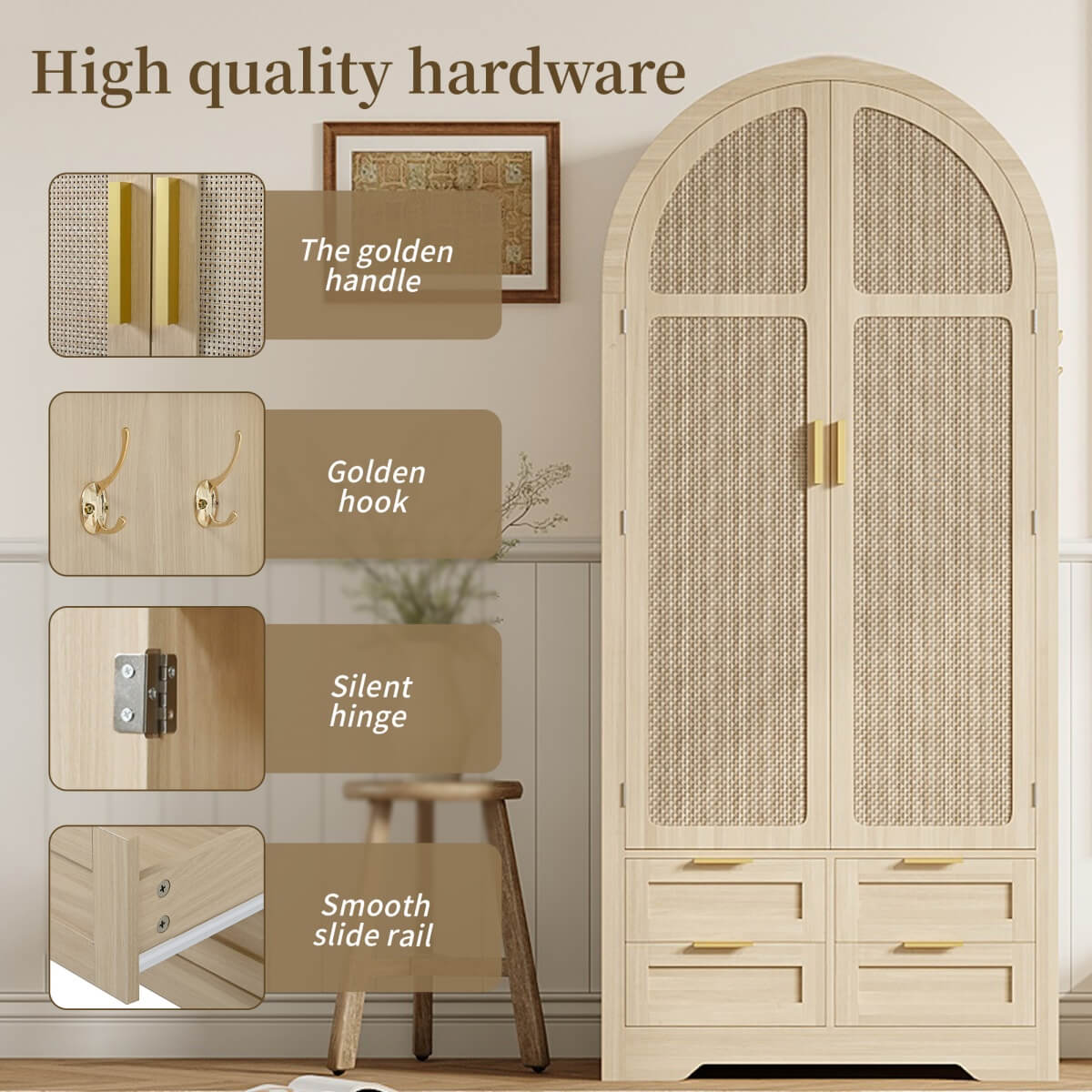 Modern Wardrobe with Curved Doors - Bedroom Storage Cabinet with Hanging Rail and Drawers, Oak