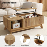 Modern Lift Top Coffee Table with 3D Wave Design - MDF Living Room Table with Open Side Storage Compartment, Oak