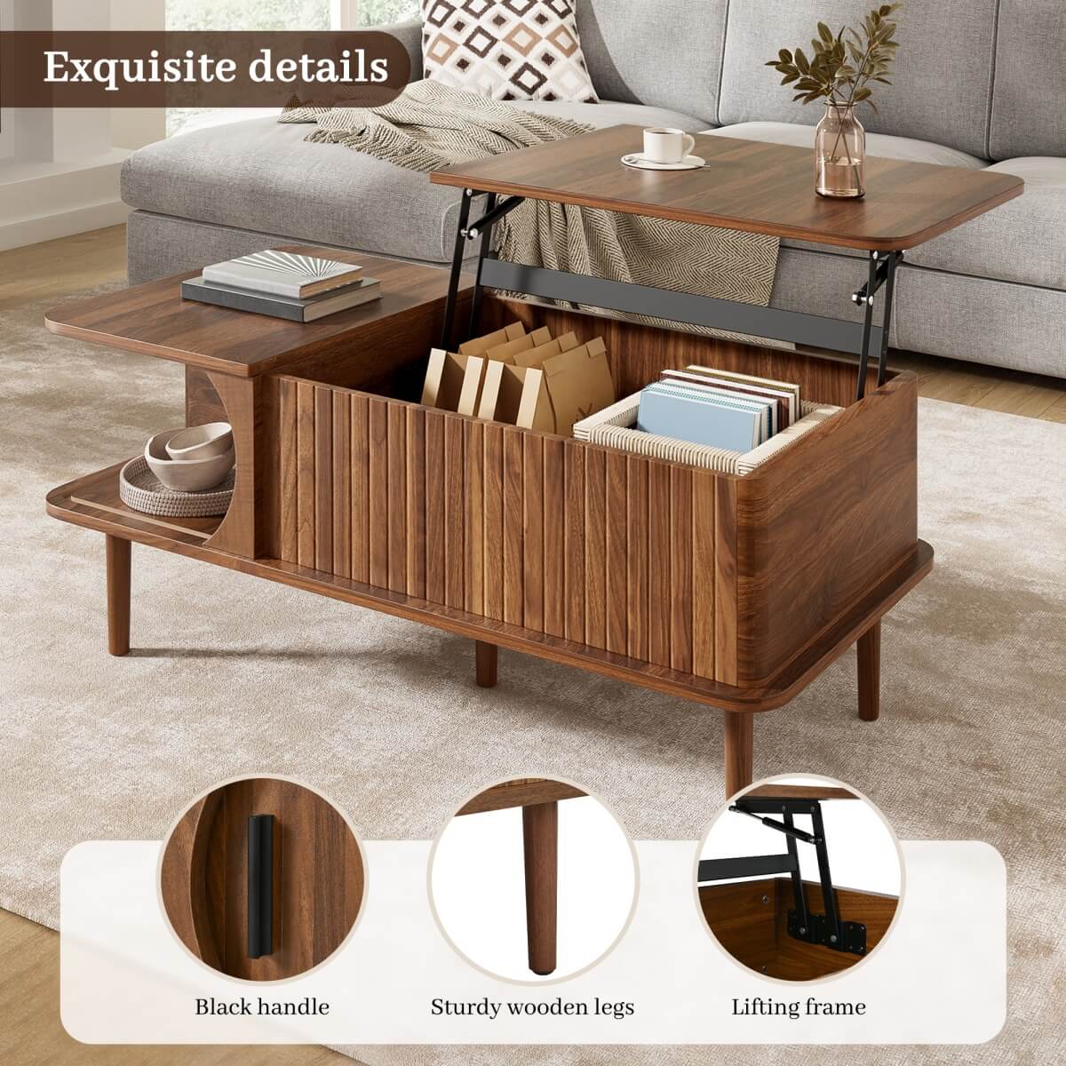 Retro Lift Top Coffee Table with Sliding Door - Walnut Effect Finish, Vertical Slat Design and Wooden Legs, Walnut