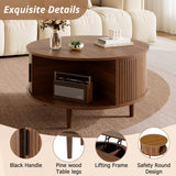 Round Lift Top Coffee Table with Vertical Slat Design - MDF Living Room Table with Hidden Storage and Sliding Door, Walnut