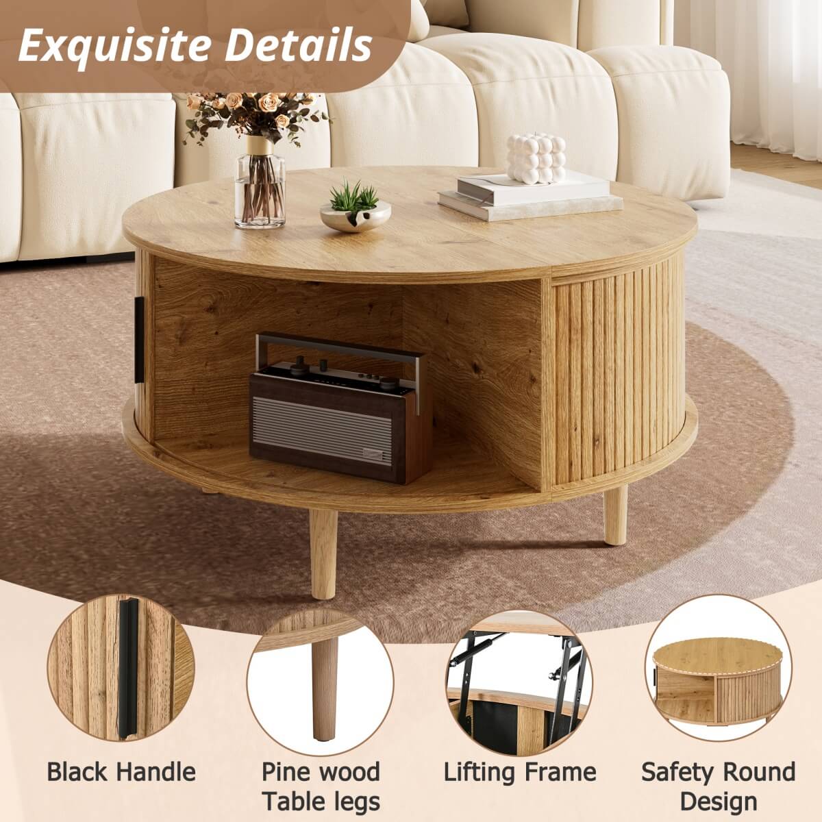 Round Lift Top Coffee Table with Vertical Slat Design - MDF Living Room Table with Hidden Storage and Sliding Door, Oak