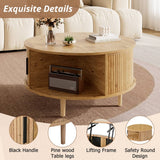 Round Lift Top Coffee Table with Vertical Slat Design - MDF Living Room Table with Hidden Storage and Sliding Door, Oak