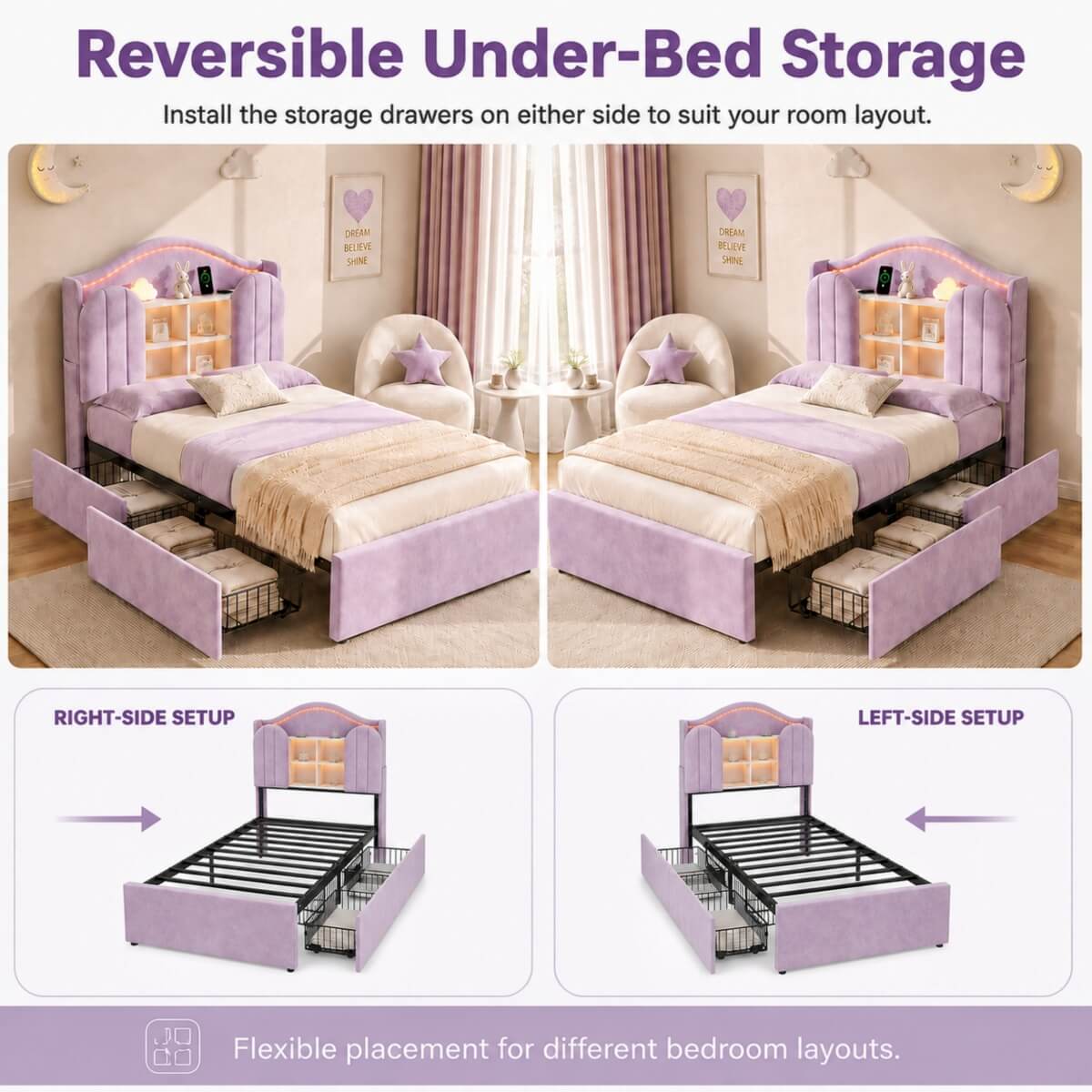 3ft Single Kids Upholstered Bed - House-Inspired LED Storage Headboard, Charging Station and 2 Reversible Drawers, Purple