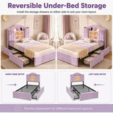 3ft Single Kids Upholstered Bed - House-Inspired LED Storage Headboard, Charging Station and 2 Reversible Drawers, Purple