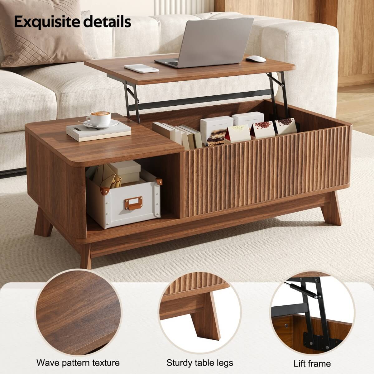 Modern Lift Top Coffee Table with 3D Wave Design - MDF Living Room Table with Open Side Storage Compartment, Walnut