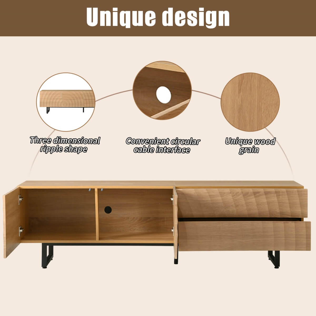 Modern TV Stand - TV Unit with 3D Textured Doors, Low TV Cabinet for Living Room