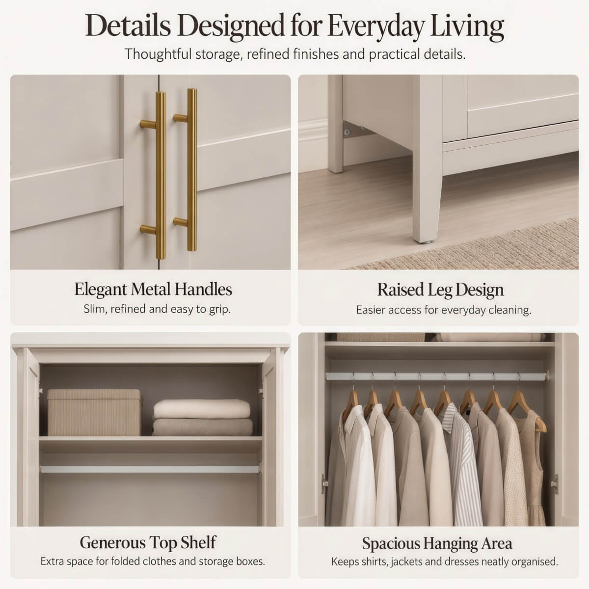 2-Door Freestanding Wardrobe - Hanging Rail, Storage Shelf, Gold Handles and Raised Legs, Cashmere