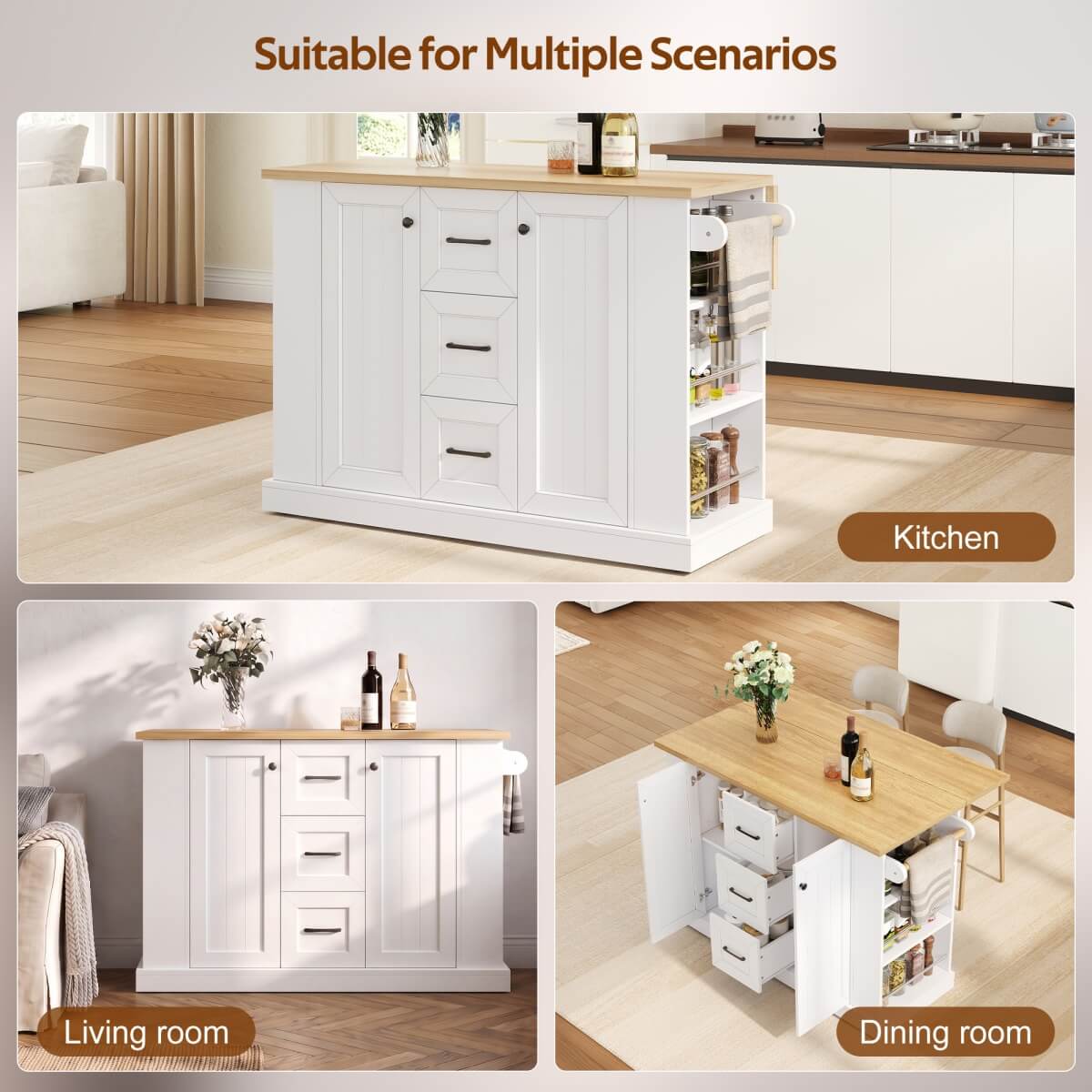 Kitchen Island Trolley with Foldable Worktop - Kitchen Cart on Wheels with Double-Sided 3-Tier Storage Shelves, 3 Drawers and Lockable Castors