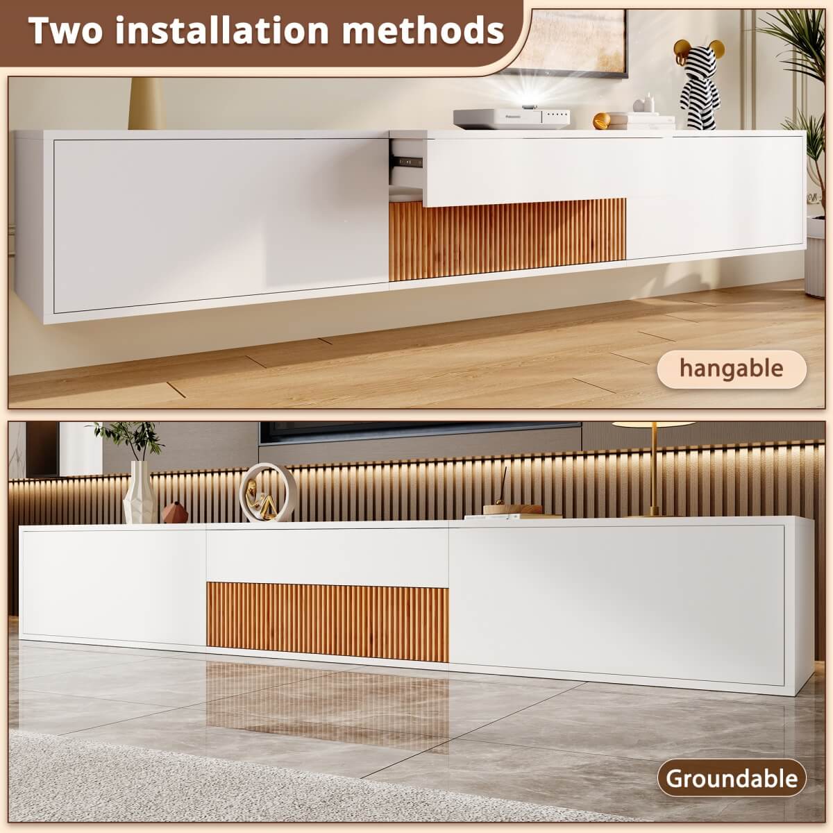 Modern TV Stand - Low Profile TV Unit with Projector Shelf & Storage, Contemporary Media Console for Living Room
