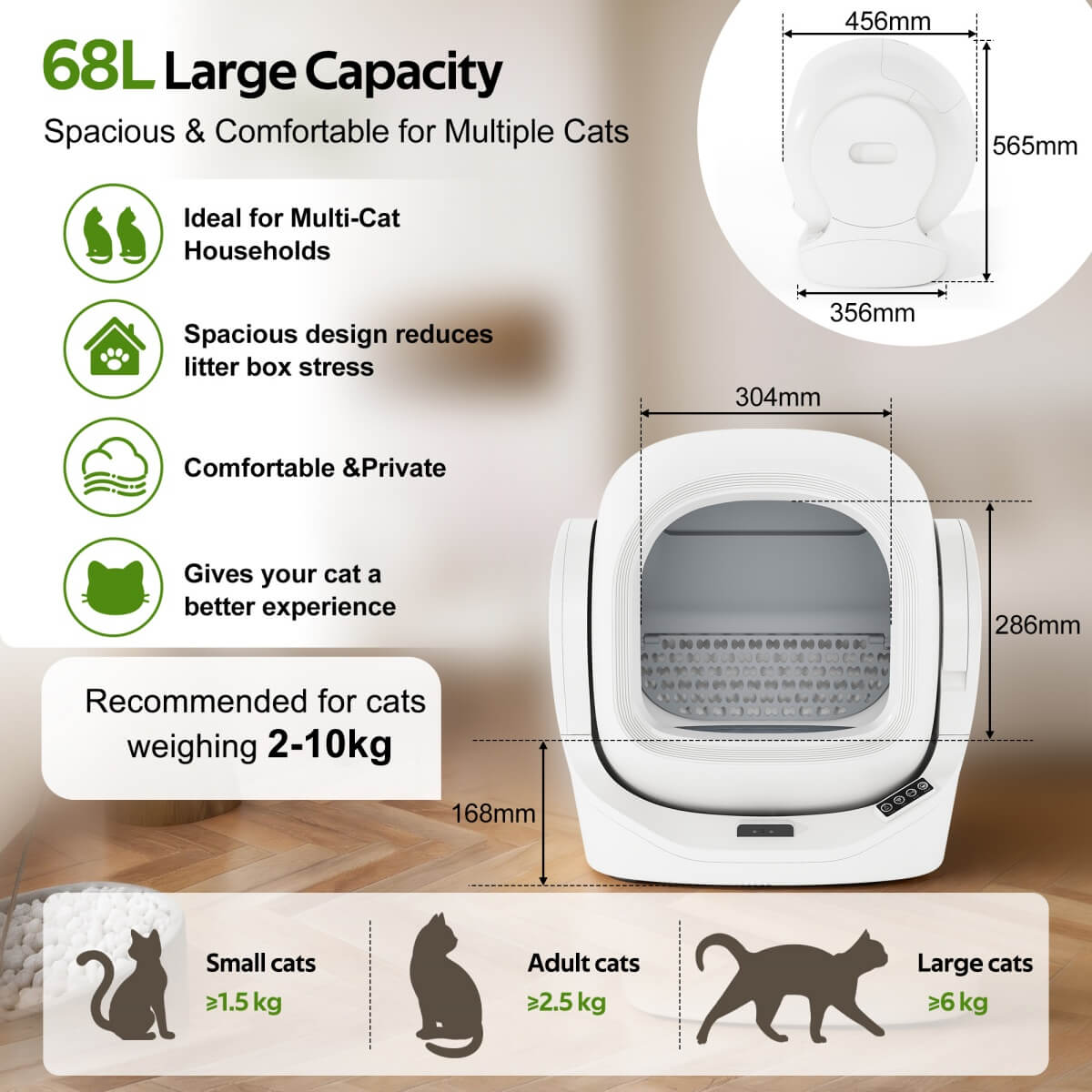 68L Smart Automatic Cat Litter Box with App Control - Self-Cleaning Litter Tray with 8L Waste Bin, Infrared Safety Sensor & Quiet Operation
