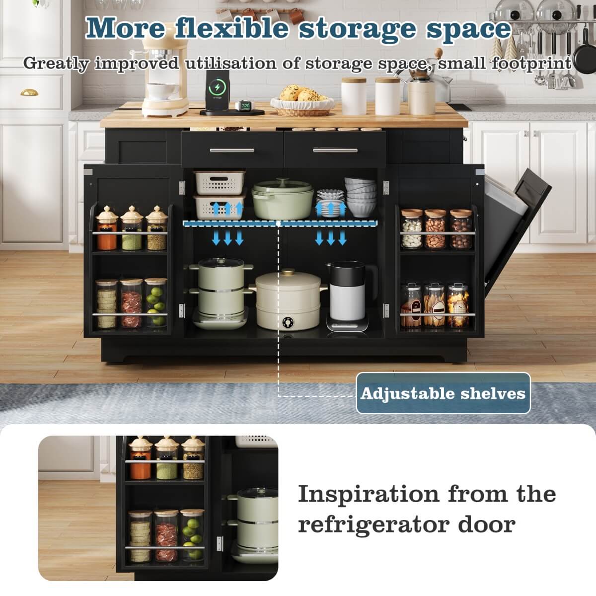138cm Kitchen Island on Wheels with Folding Worktop - Mobile Kitchen Cabinet with Pull-Out Bin & Power Outlet