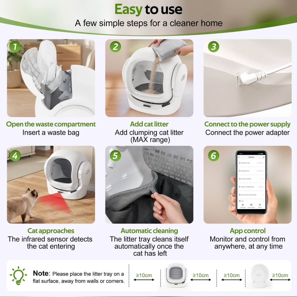 68L Smart Automatic Cat Litter Box with App Control - Self-Cleaning Litter Tray with 8L Waste Bin, Infrared Safety Sensor & Quiet Operation