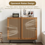 Rattan Sideboard Cabinet - Walnut Storage Cupboard with Sliding Barn Doors and Adjustable Shelves
