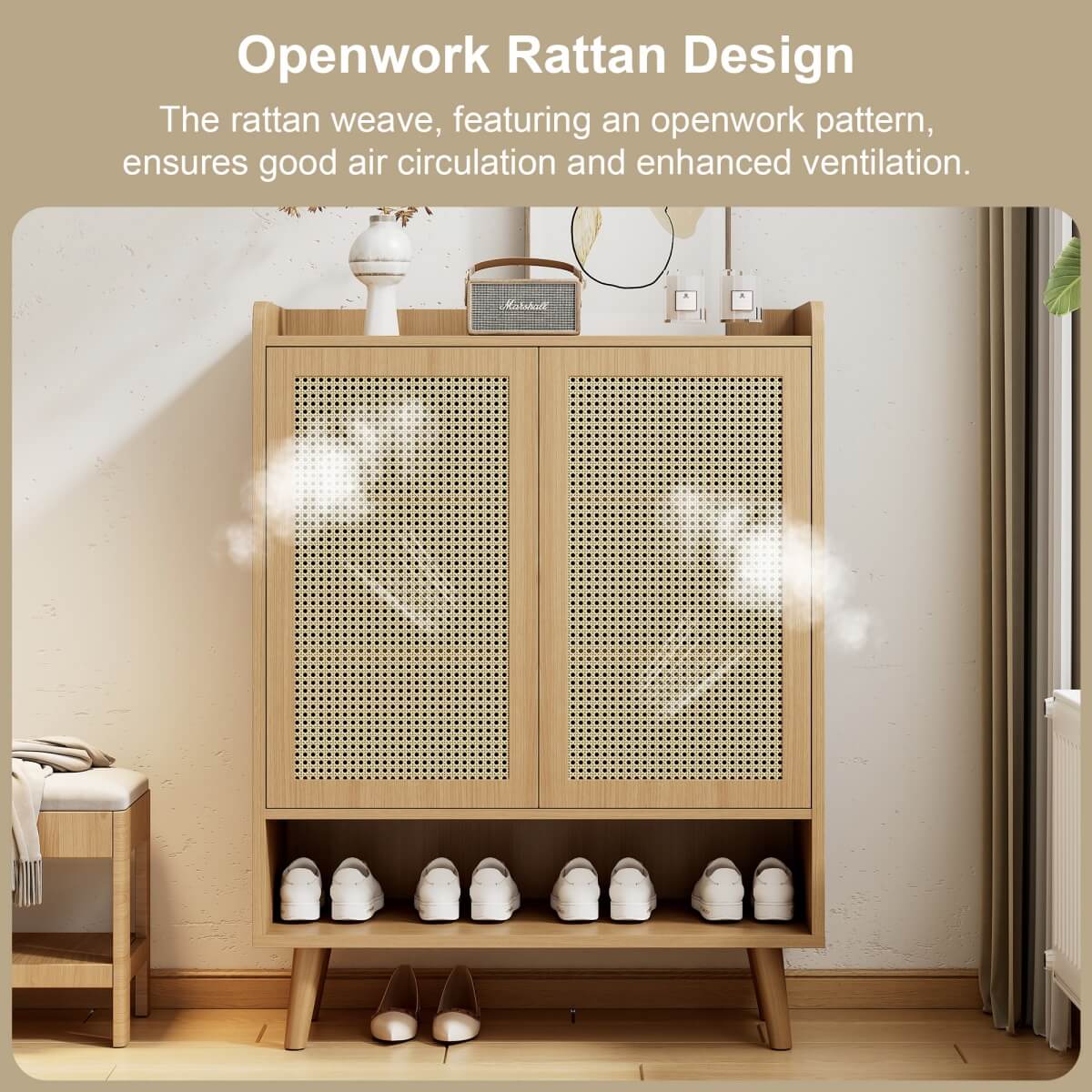 Natural Rattan Shoe Storage Cabinet - 5 Tier Freestanding Hallway Shoe Cupboard for Boots & Heels