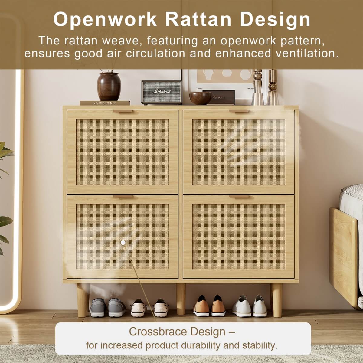 Rattan Shoe Storage Cabinet with 4 Flip Drawers - Wooden Hallway Shoe Organiser, Light Oak