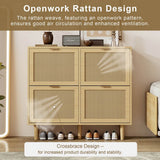 Rattan Shoe Storage Cabinet with 4 Flip Drawers - Wooden Hallway Shoe Organiser, Light Oak