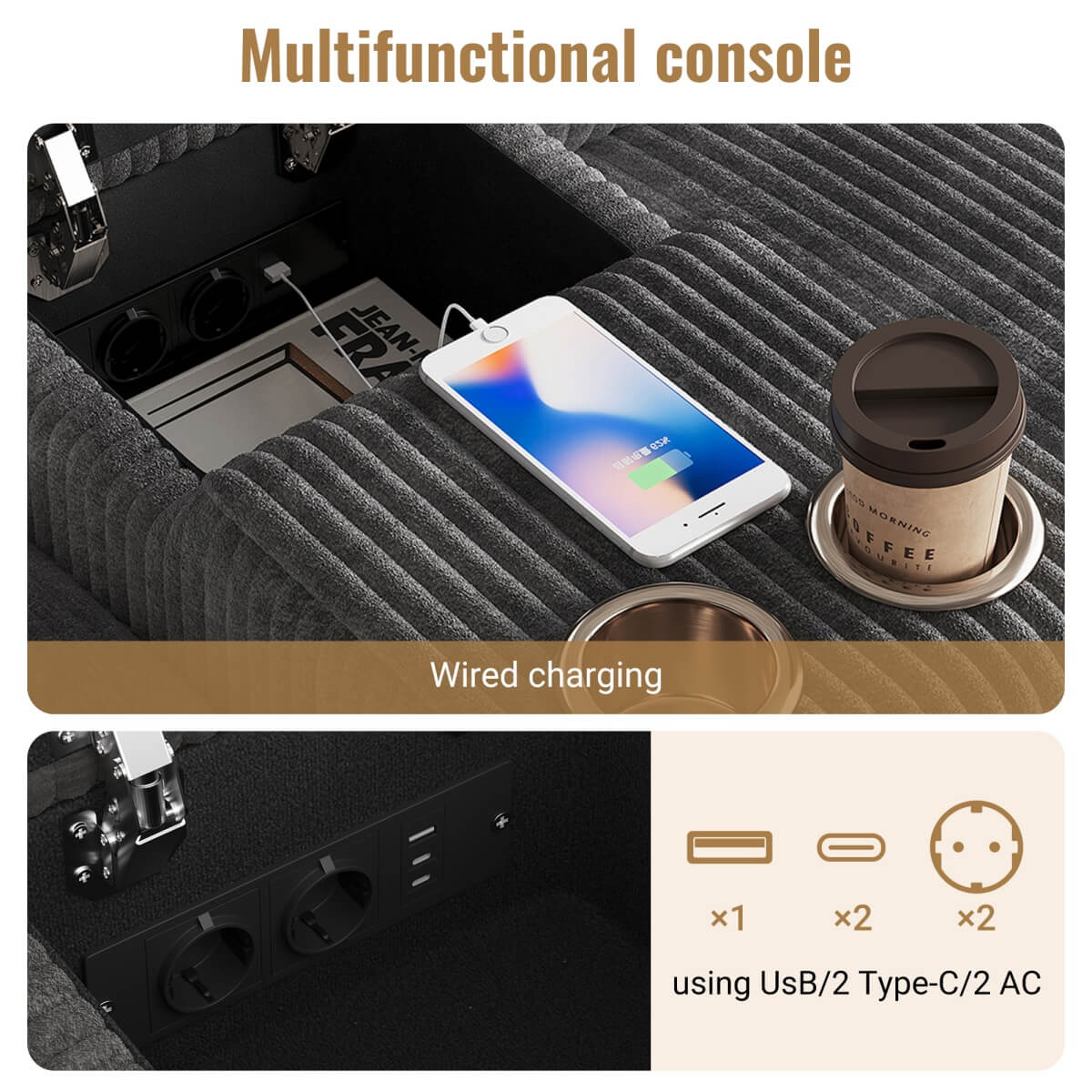 U Shaped Corduroy Sectional Sofa - Modular Sofa with Storage Ottomans, USB & Type-C Charging, Grey