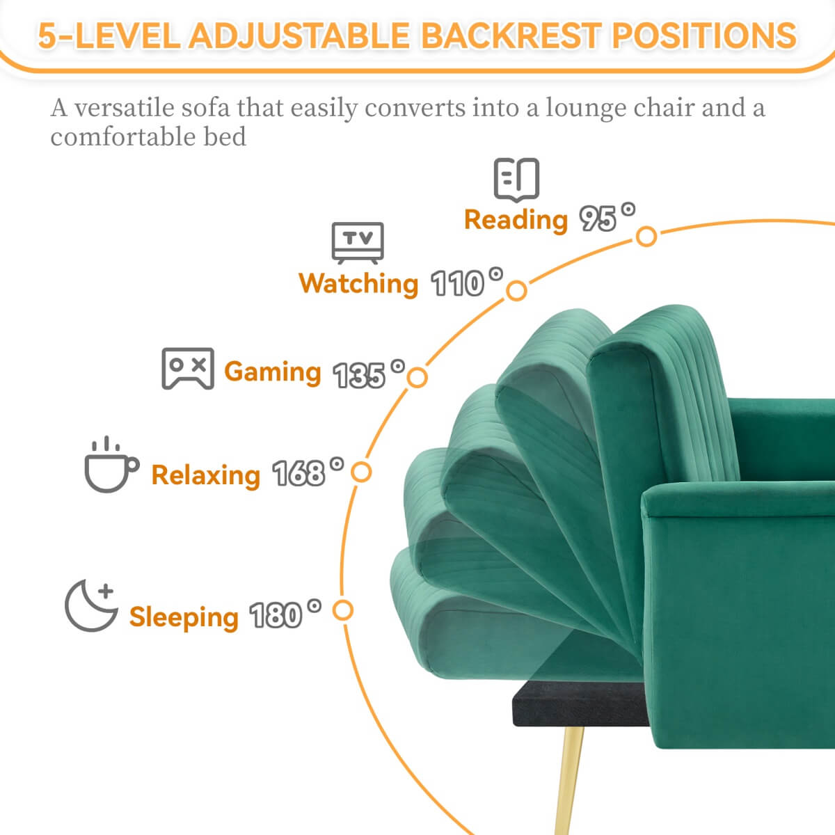 Modern Velvet Sofa Bed - Adjustable Backrest & Armrests, Convertible Sleeper with Metal Legs for Living Room, Bedroom & Guest Room, Green