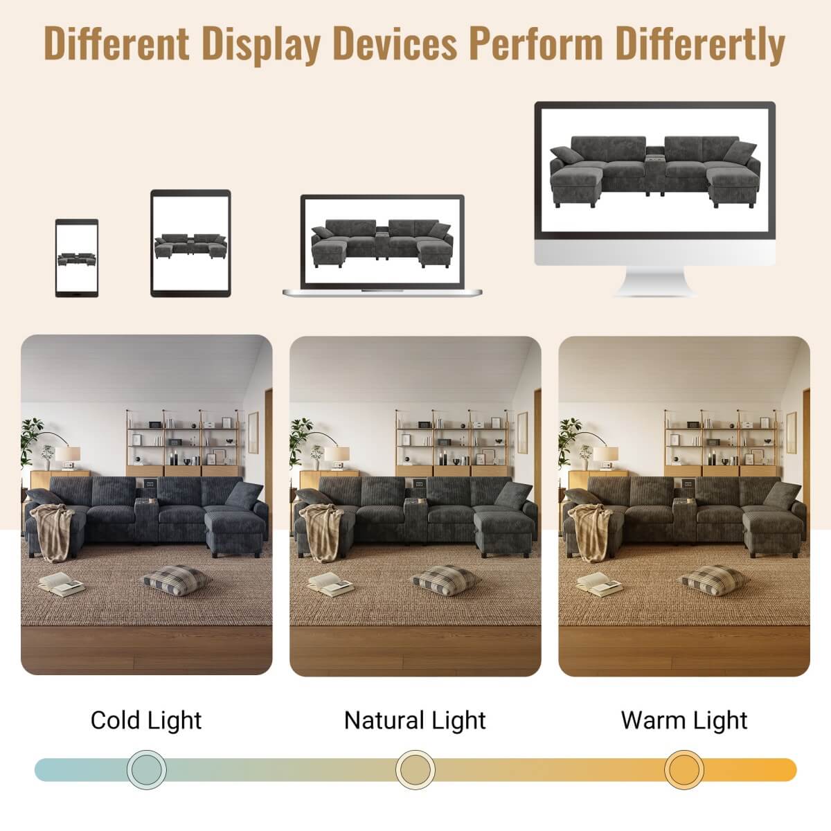 U Shaped Corduroy Sectional Sofa - Modular Sofa with Storage Ottomans, USB & Type-C Charging, Grey