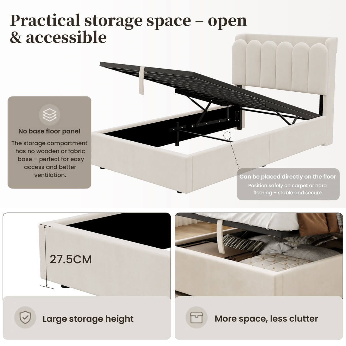 3ft Single Upholstered Ottoman Storage Bed - Velvet Bed Frame with Hydraulic Lift-Up Storage, Storage Headboard, USB & Type-C Charging Ports & Reading Light, Beige