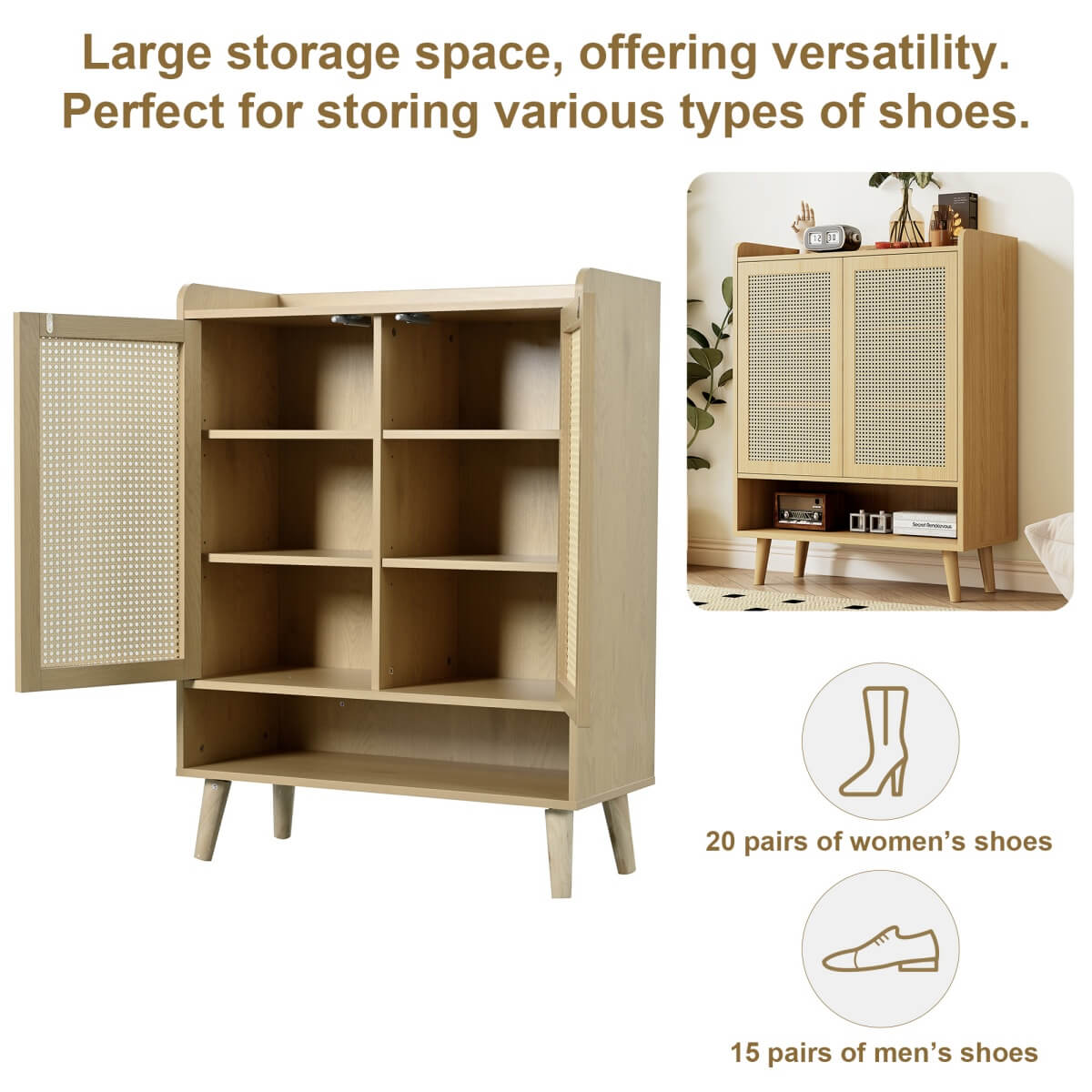Natural Rattan Shoe Storage Cabinet - 5 Tier Freestanding Hallway Shoe Cupboard for Boots & Heels