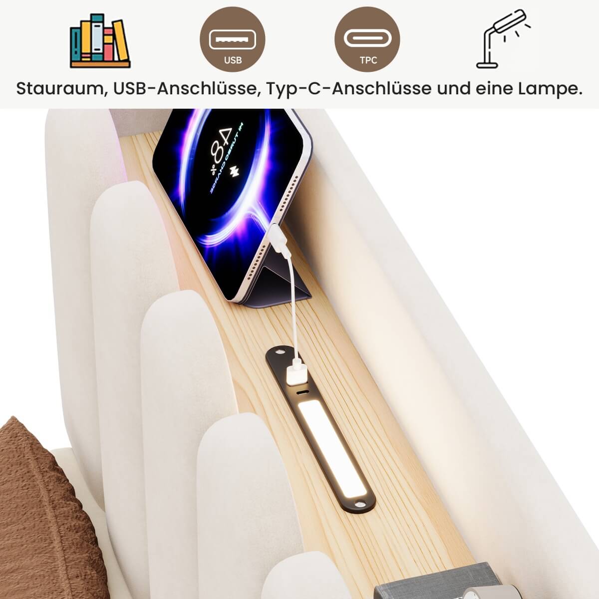 3ft Single Upholstered Storage Bed - Velvet Bed Frame with Storage Headboard, USB & Type-C Charging Ports and Reading Light, Beige