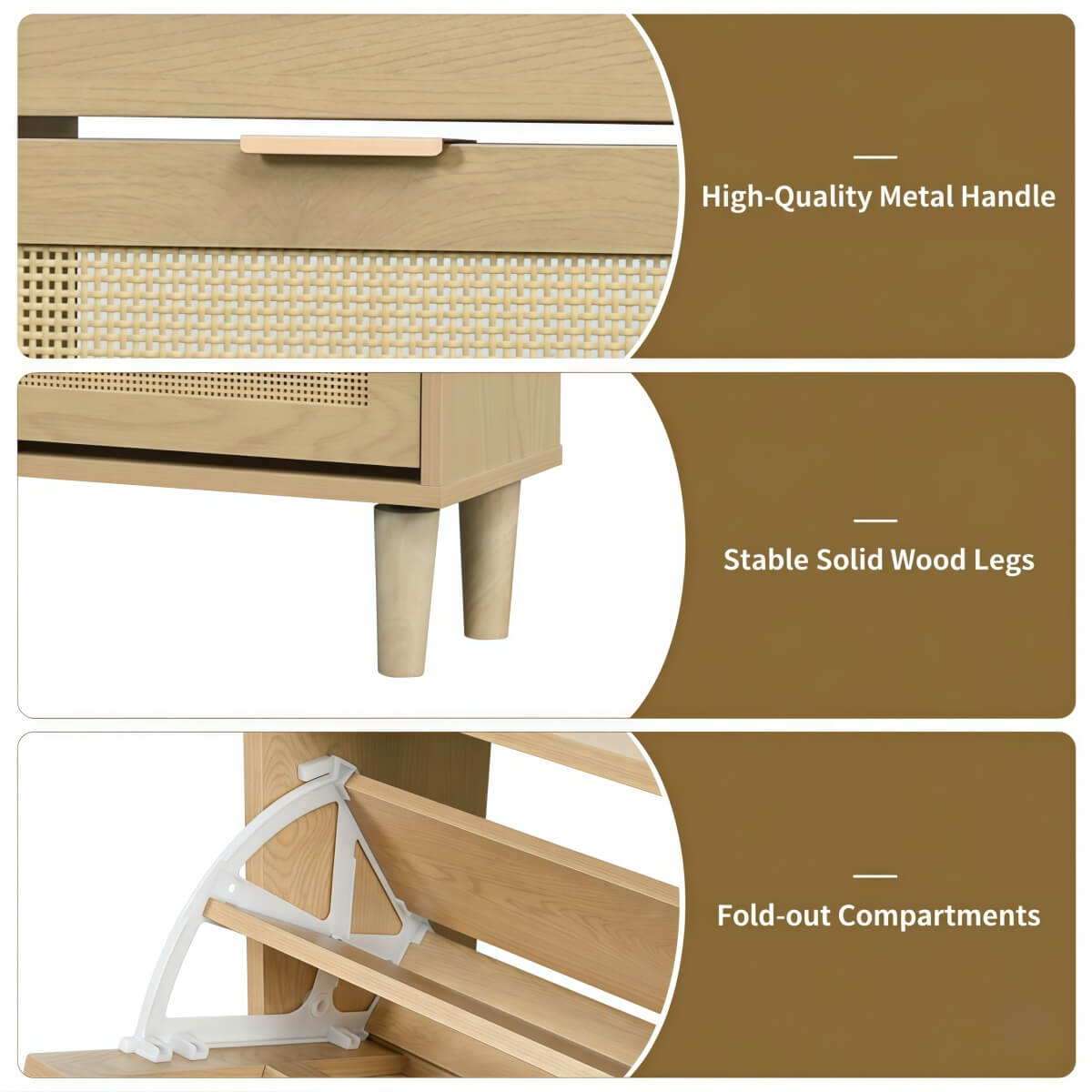 Rattan Shoe Storage Cabinet with 4 Flip Drawers - Wooden Hallway Shoe Organiser, Light Oak