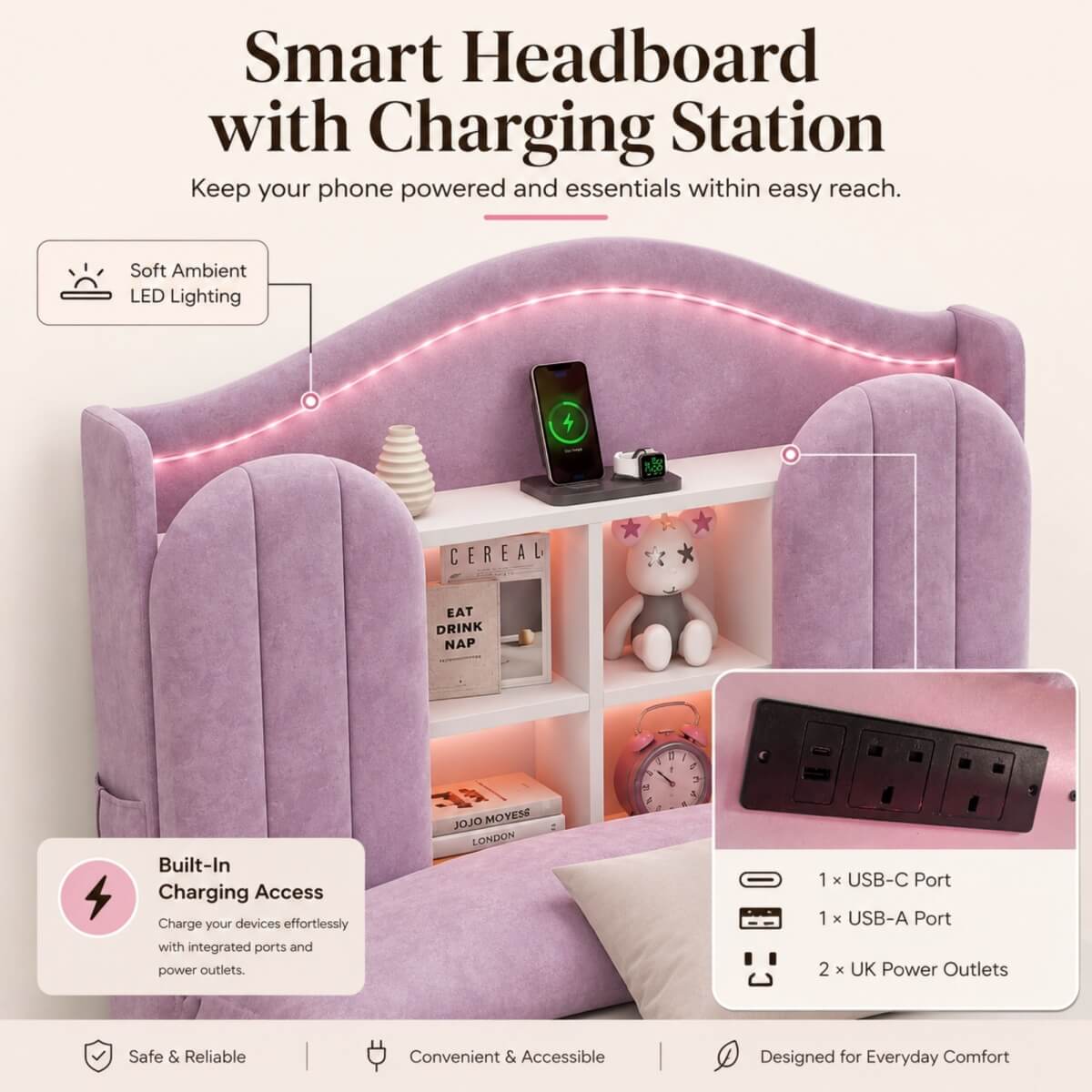 3ft Single Kids Upholstered Bed - House-Inspired LED Storage Headboard, Charging Station and 2 Reversible Drawers, Purple